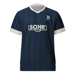 Maillot KAN FC marine, K côté cœur et logo SOKR crème, vue de face