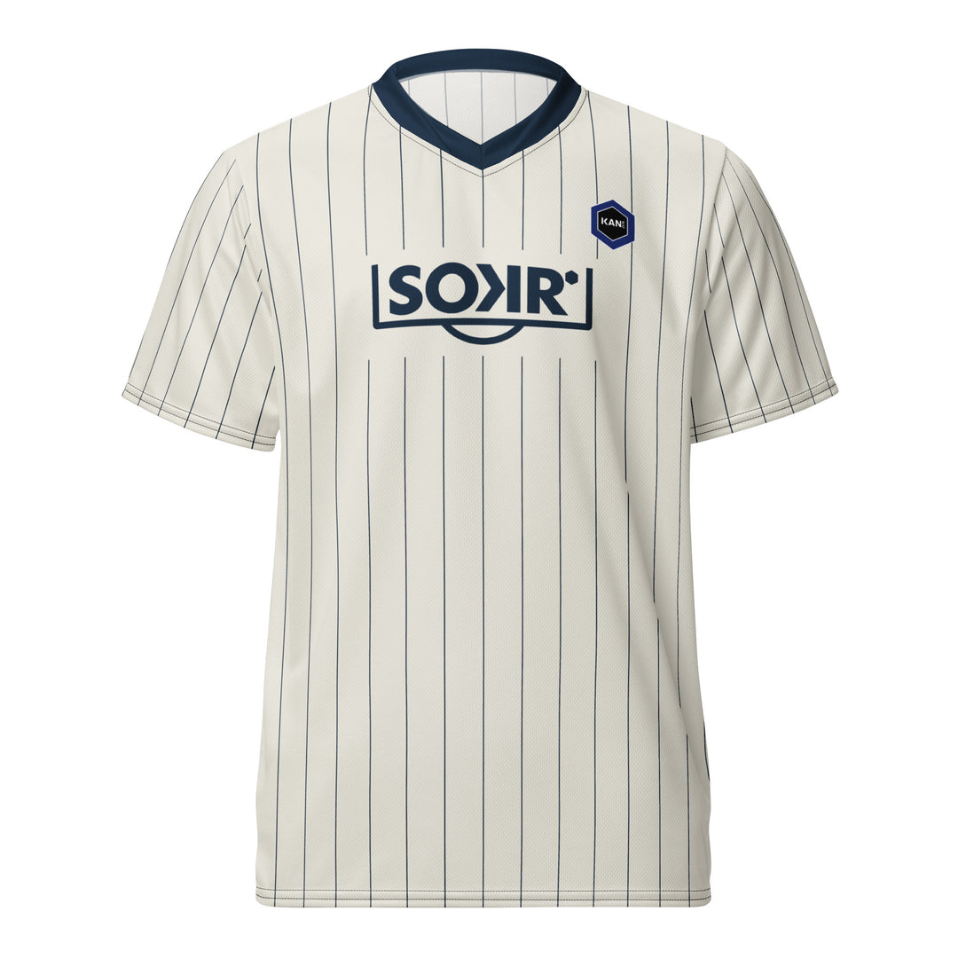 Maillot KAN FC crème à rayures marine, écusson KAN FC et logo SOKR, vue de face