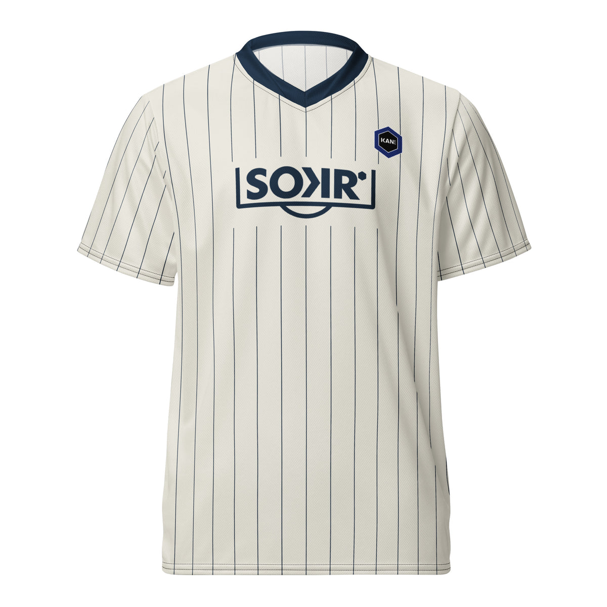 Maillot KAN FC crème à rayures marine, écusson KAN FC et logo SOKR, vue de face