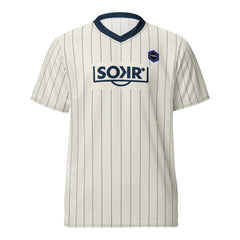 Maillot KAN FC crème à rayures marine, écusson KAN FC et logo SOKR, vue de face