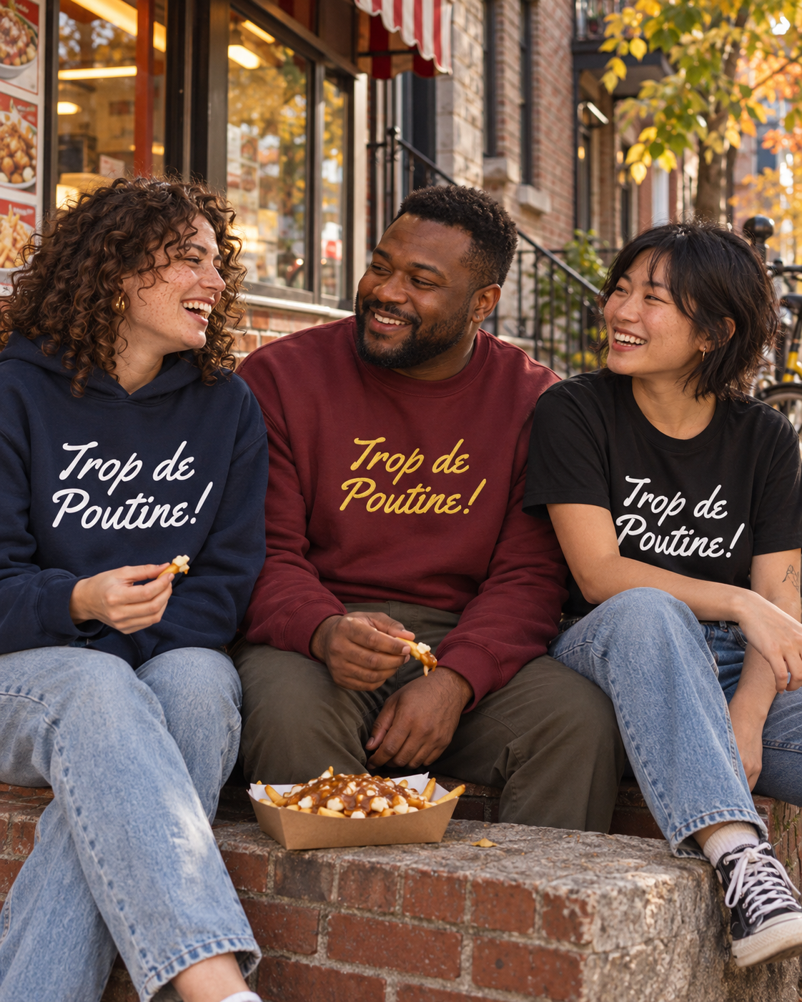 Trois amis en t-shirt, hoodie et ouaté brodé Trop de Poutine devant un casse-croûte montréalais.