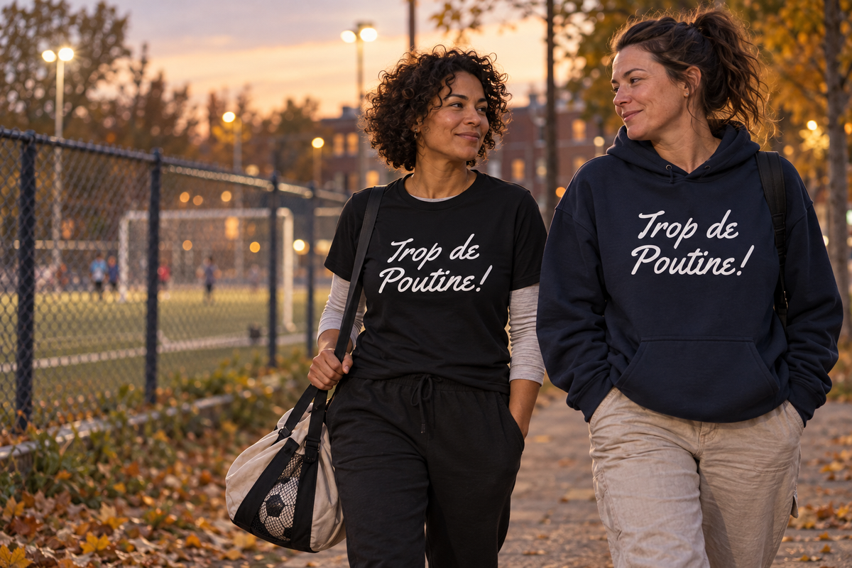 Deux femmes en hoodie marine et t-shirt noir Trop de Poutine près d’un terrain de soccer.