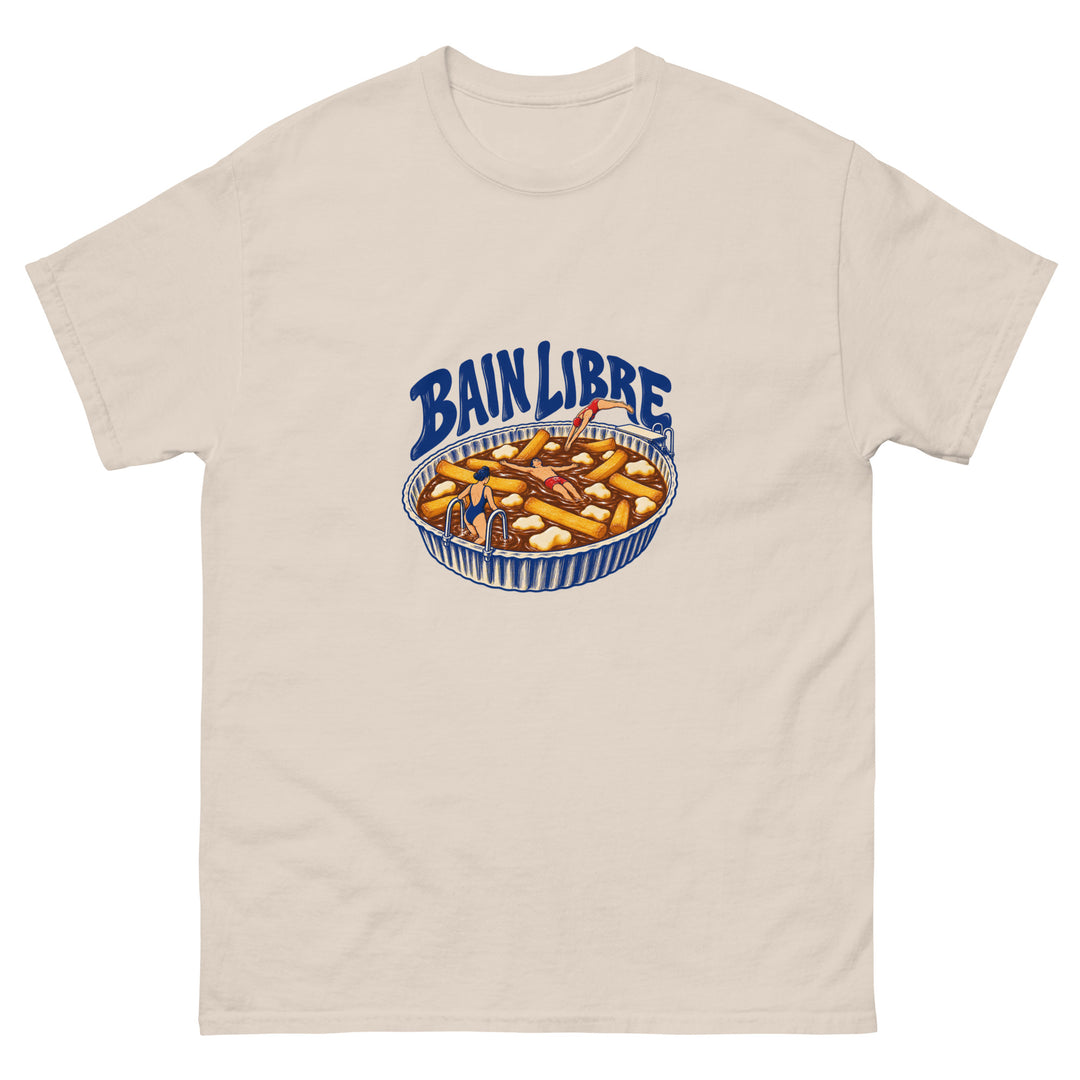 T-shirt Bain libre écru, illustration de poutine transformée en piscine, vue de face